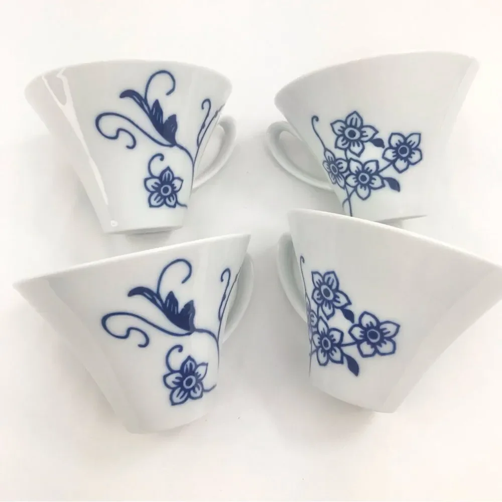 Crate & Barrel CAMILLE White Blue Floral Set of Four Porcelain Tea Coffee Mugs